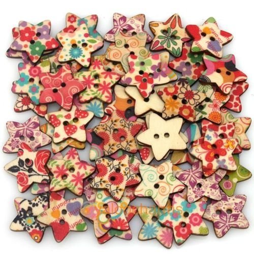 Star Shaped Painted 2 Hole Wooden Buttons 25mm x25mm (Pack Of 25pcs) by iWorldApparel