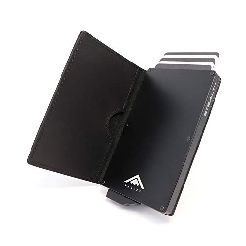 STEALTH Wallet Minimalista Portatarjetas RFID - Slim Ligero Aluminio NFC Bloqueo Pop Up Carteras Tarjeteros (Negro con Cuero de Caballo Loco de Grano Completo Negro)
