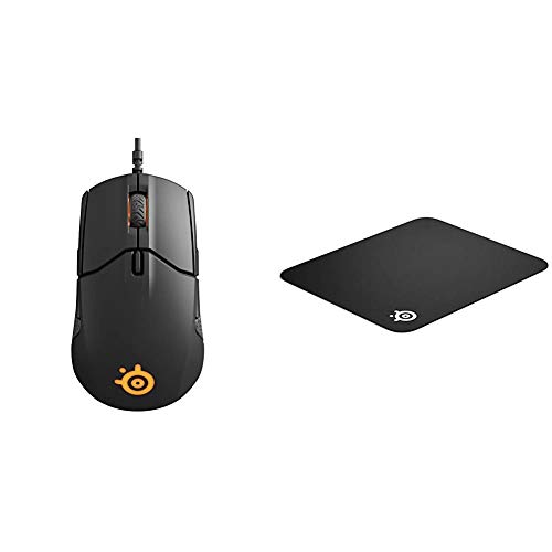 SteelSeries Sensei 310, Ratón para Juegos Óptico, Ambidiestro, Iluminación RGB, 8 Botones, Laterales de Goma, PC/Mac, Negro + QcK Alfombrilla de ratón de Juego, 320mm x 270mm, Tela, Base de Caucho