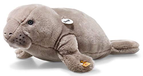 Steiff 024382 Sian Caribik Manati, National Geographic - Peluche de 33 cm Aprox., con botón en la Oreja, para bebés Desde el Nacimiento, Color Gris