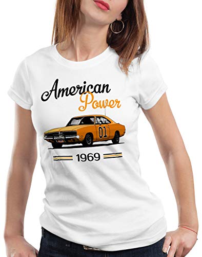 style3 American Power Camiseta para Mujer T-Shirt Charger General Lee Muscle Car, Color:Blanco, Talla:L