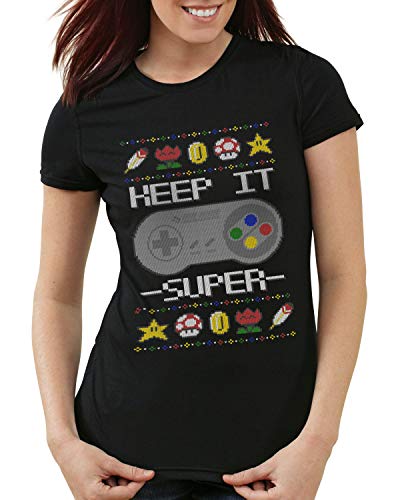 style3 Keep it Super Suéter de Navidad Camiseta para Mujer T-Shirt NES T-Shirt Ugly Sweater x-mas SNES, Talla:XS