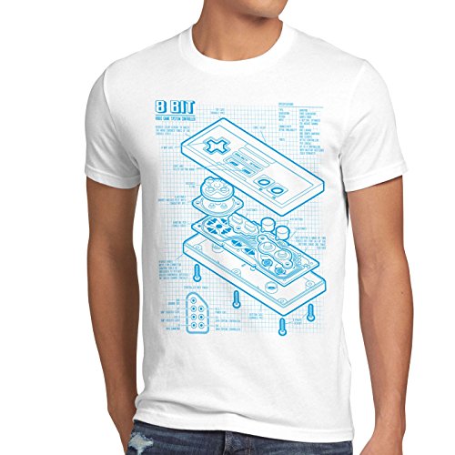 style3 NES Controlador Fotocalco Azul Camiseta para Hombre T-Shirt 8-bit Mario Donkey Bros Kong, Talla:L, Color:Blanco