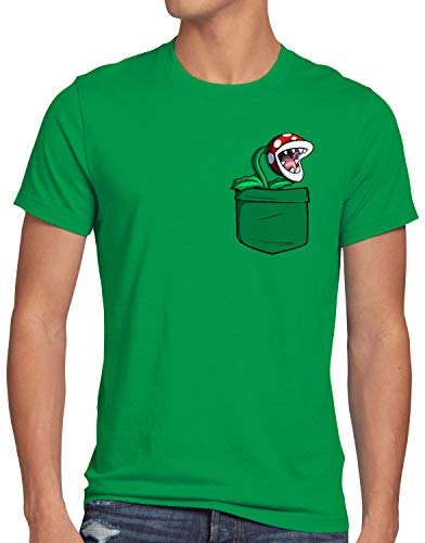 style3 Planta Piraña Bolsillo Camiseta para Hombre T-Shirt Pocket Mario Switch SNES, Talla:XL, Color:Verde