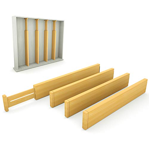 Sunix Cajón Separador de cajones de bambú Ajustable y extraíble para Cocina, cómoda, Dormitorio, cajón, Cuarto de baño o Escritorio. (Lote de 4)