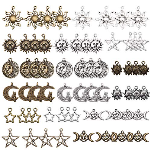 SUNNYCLUE 64pcs 16 Estilos Star Sun Moon Charms Colgantes para DIY Collar Pulsera Fabricación de Joyas, Sin Plomo, Sin Níquel Y Cadmio, Plata Antigua Y de Bronce Antiguo SUNNYCLUE 64pcs 16 Estilos Star Sun Moon Charms Colgantes para DIY Collar Pulsera Fabricación de Joyas, Sin Plomo, Sin Níquel Y Cadmio, Plata Antigua Y de Bronce Antiguo