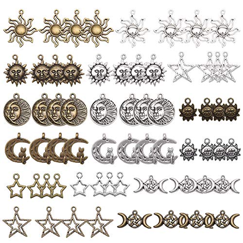 SUNNYCLUE 64pcs 16 Estilos Star Sun Moon Charms Colgantes para DIY Collar Pulsera Fabricación de Joyas, Sin Plomo, Sin Níquel Y Cadmio, Plata Antigua Y de Bronce Antiguo