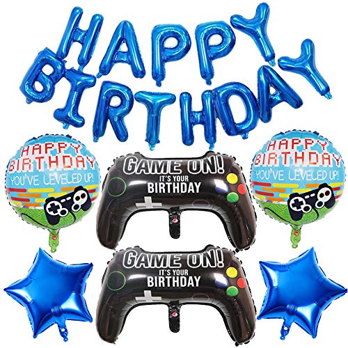 SUNSK Globos Cumpleaños Happy Birthday Ballon Banner Foil Globo Redondo Globo Estrella Azul Decoraciones para Cumpleaños de Tema de Videojuegos 7 Piezas