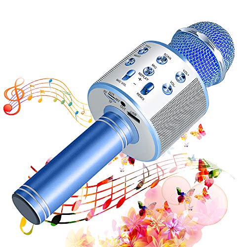 SunTop Micrófono Inalámbrico Karaoke Bluetooth, Portátil Altavoces Microfono, LED Microfono Niños para Cantar, Función de Eco, Compatible con Android, PC