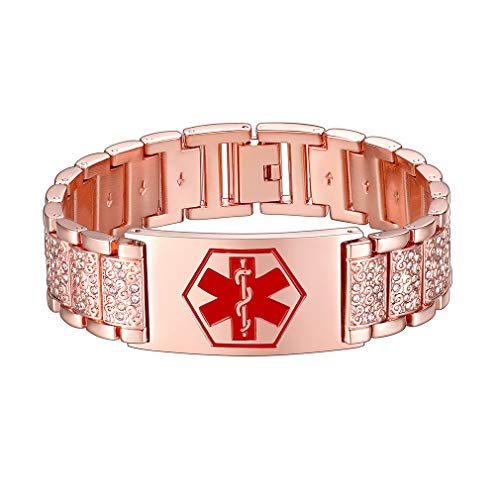 Supcare Banda Ancha Piedras Brillantes Rhinestone Austrarian Pulsera Oro Rosa Rosado Reloj Acero Inoxidable Placa Cuadrado Personalizado Cruz Roja Signo Médico Internacional