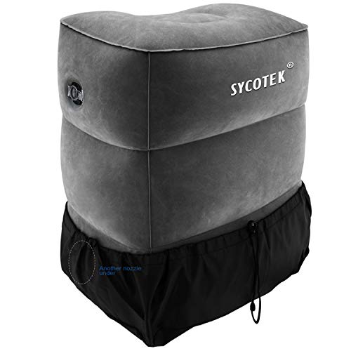 SYCOTEK Reposapiés Inflable Portable 2 Boquillas Grandes Ocultas 3 Altura Ajustable sin Deflación, Almohada para Niños o Reposapiés de Viaje Inflable para el Asiento del Coche, Gris Oscuro