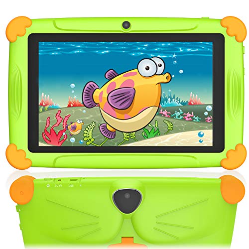 Tablet para niños de 7 pulgadas 2 a 12 años Android 9.0 WiFi GMS 32 GB de ROM 3 GB de RAM, soporte 128 GB ampliable, doble cámara de educación preinstalada Iwawa Google Apps I regalos- Verde