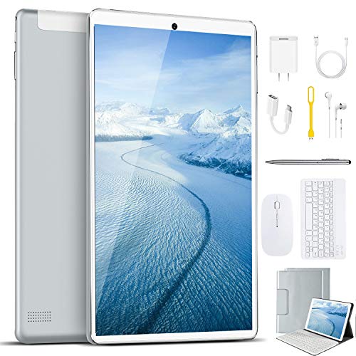 Tableta 10 Pulgadas, Android 9.0 Tablet PC, 4 GB de RAM y 64 GB de Memoria, Pantalla IPS HD, Quad-Core 1.5 GHz, WiFi, Dual SIM, Netflix, Bluetooth, OTG, Certificado por Google GMS- Plata