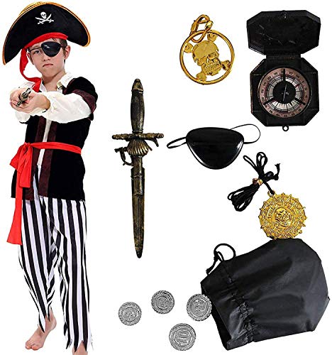 Tacobear Disfraz de Pirata Niño con Accesorios Pirata Parche Daga brújula Monedero Pendiente Disfraz de Halloween Pirata Niños (S 4-6 años)