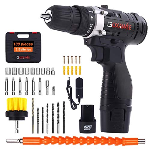 Taladro Atornillador 2 Baterías, GOXAWEE 100Pcs Kit Taladro Bateria/Destornillador Eléctrico (2 Baterías de Litio 1500mAh, 30N.m Par Máx, 2 Velocidades, 10mm Portabrocas Automático) Taladro Atornillador 2 Baterías, GOXAWEE 100Pcs Kit Taladro Bateria/Destornillador Eléctrico (2 Baterías de Litio 1500mAh, 30N.m Par Máx, 2 Velocidades, 10mm Portabrocas Automático)