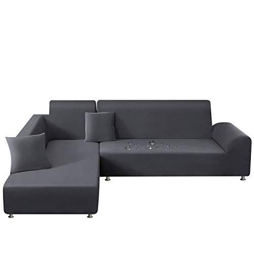 Taococo Funda de sofá, elástica, impermeable, para sofá en forma de L, juego de 2 unidades con 2 fundas de almohada, gris, 3 Sitzer+3 Sitzer