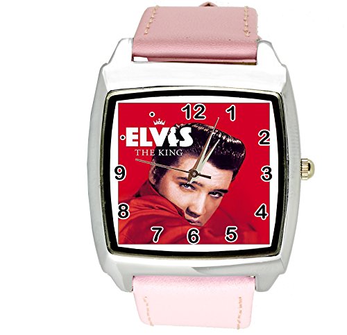 taport® Elvis Presley música Legend cuarzo cuadrado Dial de reloj rosa piel real banda E5 + libre batería de repuesto + libre bolsa de regalo
