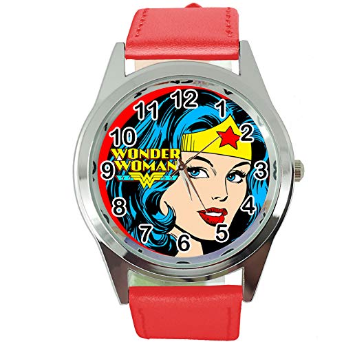 TAPORT® Wonder Woman Cuarzo Redondo SCI FI Reloj Rojo Correa de Cuero Real + Batería de Repuesto + Bolsa de Regalo