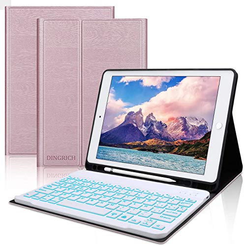 Teclado iPad 10.2 Español,DINGRICH Funda Teclado (Incluye Ñ) para iPad 10.2 2019 2020 8 Generacion/7 Generación/iPad Pro 10.5 2017/Air 3,Bluetooth 7 Colores Retroiluminados Desmontable Oro Rosa