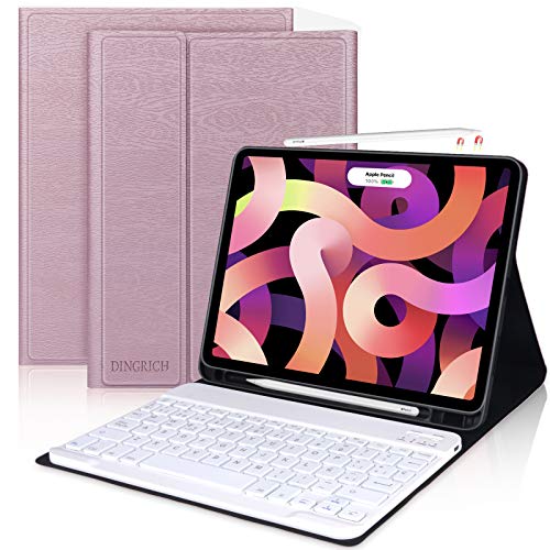 Teclado para iPad Air 4 2020, DINGRICH Español Ñ Funda Teclado Bluetooth Inalámbrico Desmontable Extraíble para iPad Air 4 10.9"/iPad Pro 11" 2020/2018 Auto-Sueño/Estela con Portalápices Oro Rosa