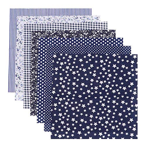 Tela de patchwork, tela de algodón impresa, tela de costura para patchwork, accesorios hechos a mano, ropa de muñeca 25 x 25 cm [7 piezas] (azul oscuro)