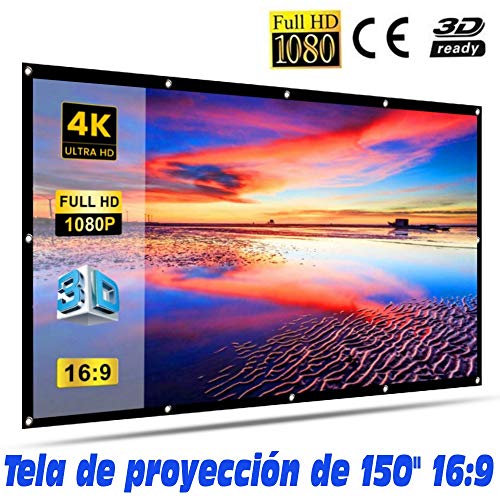 Tela de proyección Lux-Screen 150" Formato 16:9 Superficie de 3 Capas Blanco Mate y Borde perimetal Negro, Pantalla para proyector para Colgar con argolla, garantía de 2 años (150 Pulgadas)