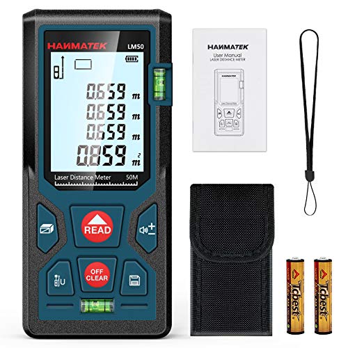 Telémetro Láser 50 m, Medidor Laser de Distancia con 2 Burbujas de Niveles, Función de Silencio y Auto-Calibración, Pitágoras Distancia, Área, Volumen, Medición Continua Precisos, Memorias 99 datos Telémetro Láser 50 m, Medidor Laser de Distancia con 2 Burbujas de Niveles, Función de Silencio y Auto-Calibración, Pitágoras Distancia, Área, Volumen, Medición Continua Precisos, Memorias 99 datos