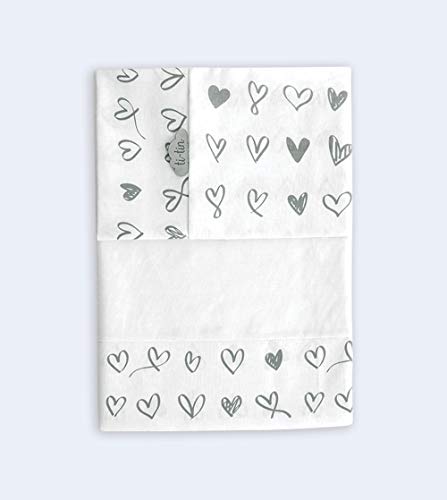 TI TIN Conjunto de sábanas para minicuna de 50 x 80cm, en tres piezas de algodón blanco estampado de CORAZONES | 100% Algodón, Juego de 3 piezas.