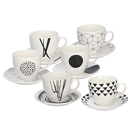 Tognana Graphic - Juego de 6 tazas de café con platillo a juego, 80 cc, altura 6 cm, New Bone China, blanco/negro