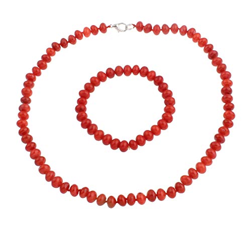 TreasureBay - Juego de collar, pulsera y pendientes de 8 mm (cuentas naturales de coral rojo, incluye caja para joyas)
