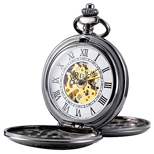 TREEWETO Reloj de bolsillo mecánico para hombre, diseño de esqueleto, números romanos retro, medio cazador, bronce TREEWETO Reloj de bolsillo mecánico para hombre, diseño de esqueleto, números romanos retro, medio cazador, bronce