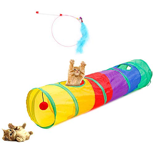 Túnel de Gatos, Juguete del Gato Túnel Extensible Plegable Gato Jugar Túnel Casa del Laberinto del Juguete con Pompón para Gato Gatito Cachorro Conejo + Juguete Palo de Plumas como Regalo(90cm)