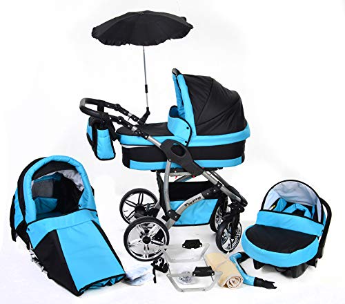 Twing, 3-in-1 Travel System with Baby Pram, Car Seat, Pushchair & Accessories (3in1 Travel System -Baby tub, Sport seat, Car seat, Black & Turquoise)