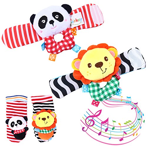 Twister.CK Juego de Calcetines de traqueteo para muñeca de bebé y sonajeros para pies, 4 Piezas de Juguetes para bebés de Animales Blandos para el Desarrollo - León y Panda
