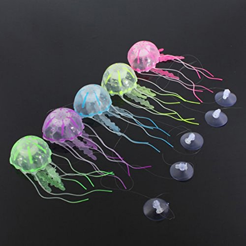 UEETEK 5pcs que brillan intensamente las decoraciones artificiales del tanque de pescados del acuario de las medusas del efecto - tamaño S (azul / verde / amarillo / púrpura / color de rosa)