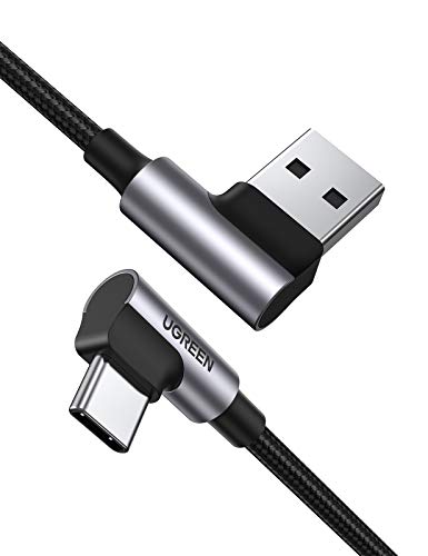 UGREEN Cable USB Tipo C 90 Grados Carga Rápida 3A Cable Codo Nylon Trenzado para Móvil USB C Samsung Note S20 S10 S9 A50 A60 A70 A21 A51 S8, Xiaomi Redmi 9 Note 7 8 Mi 9 A2 Huawei P30 P20, 1 Metro