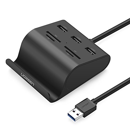 UGREEN HUB USB 3.0 y Lector Tarjeta SD TF MS M2 con Soporte Móvil, Ladrón USB 3.0 5Gbps 3 Puertos para MacBook Air, MacBook Pro, PS4, Xbox One, Surface Pro, PC, Tarjeta Micro SD. Cable USB de 1 Metro