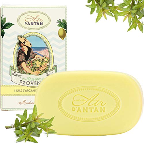 Un Air d’Antan® Jabon Tradicional Perfumado Frances Provence con Manteca de Karite Organico y Aceite de Argan Bio, Perfume Original Verbena, Bergamota y Limón, Formula Hidratante – Idea Regalo, 100g