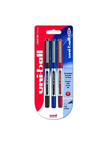 Uni-Ball UB-150 Eye Micro - Pack de 3 bolígrafos, 0.5 mm, color negro, azul y rojo