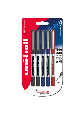 Uni-Ball UB-150 Eye Micro - Pack de 5 bolígrafos, 0.5 mm, color negro, azul y rojo