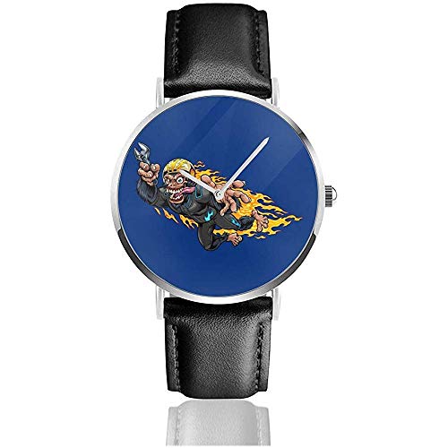 Unisex Stuntman Monkey Racer Relojes Reloj de Cuero de Cuarzo con Correa de Cuero Negro