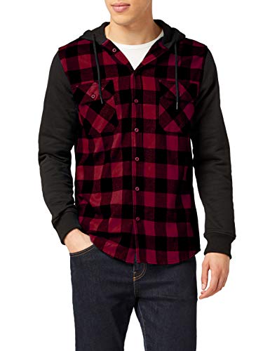 Urban Classics Hooded Checked Flanell Sweat Sleeve Shirt Sudadera, Multicolor (blk/Burgundy/blk 798), L para Hombre