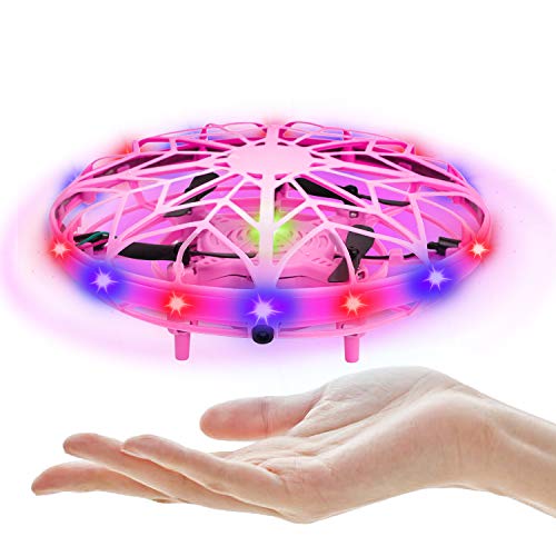 UTTORA Mini Drone UFO,Flying Ball Juguete para Niños Recargable UFO Drone Movimiento Control A Mano Drones Juguetes Voladores con Luces LED Sensor, Regalos para Niños y Niñas (Rosa)