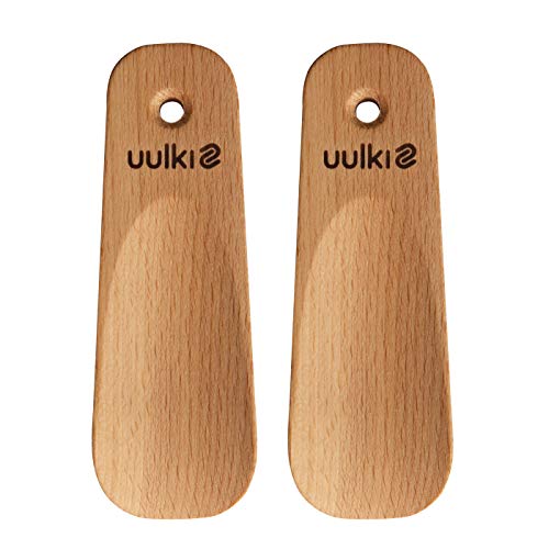 Uulki® Set 2 piezas Calzador de Zapatos corto perfecto para viajar – Ecológico de Madera de haya engrasado, Hecho en Europa – Cuerno de zapato pequeña (11,5 cm)