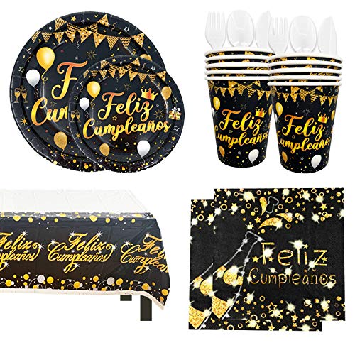 Vajilla Desechable para Cumpleaños de Adultos - Platos, Vasos, Tenedores, Cucharas, Cuchillos, Mantel y Servilletas - Accesorios para Decoración, Color Negro y Dorado - 16 Invitados(Kit Básico)