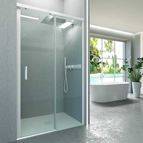 VAROBATH .Mampara de ducha con apertura frontal de puerta corredera, perfil blanco y cristal transparente con 6 mm de grosor. Disponible en varias medidas. (127 a 136)