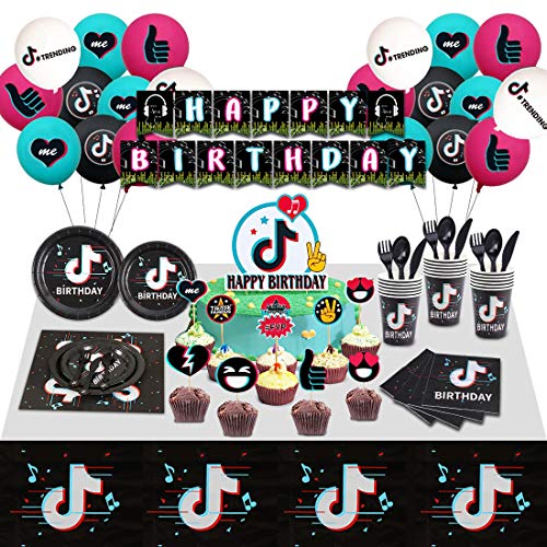 veeyiki Decoración De Globos De Cumpleaños De T1k T0k- Pancarta,Plato,Taza,Servilleta,Mantel,Cuchara,Tenedor,Cuchillo,Globo de Látex,Adornos para Magdalenas y Pasteles veeyiki Decoración De Globos De Cumpleaños De T1k T0k- Pancarta,Plato,Taza,Servilleta,Mantel,Cuchara,Tenedor,Cuchillo,Globo de Látex,Adornos para Magdalenas y Pasteles