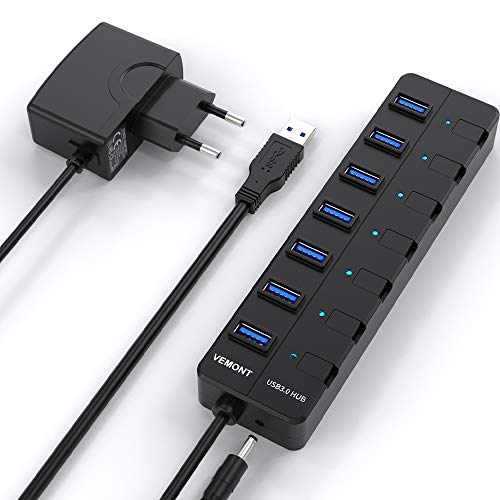 VEMONT USB Hub 7 Puertos USB 3.0 con botón de Encendido Individual por Cada uno de los Puertos para Mac OS, Windows, iOS, Android, Linux con Alimentación Adaptador(5V/2A) VEMONT USB Hub 7 Puertos USB 3.0 con botón de Encendido Individual por Cada uno de los Puertos para Mac OS, Windows, iOS, Android, Linux con Alimentación Adaptador(5V/2A)