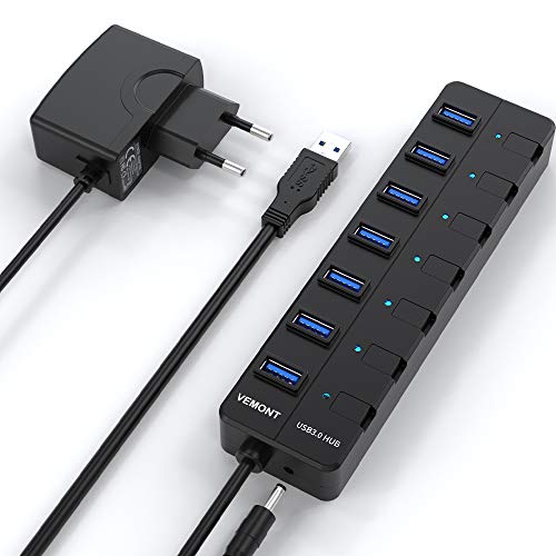 VEMONT USB Hub 7 Puertos USB 3.0 con botón de Encendido Individual por Cada uno de los Puertos para Mac OS, Windows, iOS, Android, Linux con Alimentación Adaptador(5V/2A)