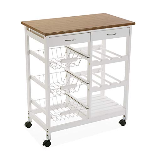 Versa 21810004 Carro verdulero de Cocina en Color Blanco con Ruedas, 3 estantes, botellero y Dos cajones, encimera de Madera, 76 x 37 x 66 cm